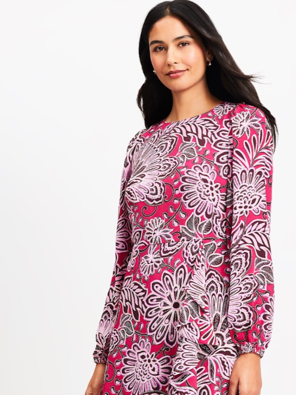 LOFT Women's 8 Tall Pink Floral Long Sleeve Shift Dress